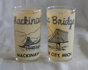 Set of 2 Federal Glass MACKINAC BRIDGE / Mackinaw Island 8oz Drink Tumblers