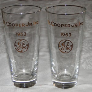 Set of 2 1950s Vintage Libbey Beer Glasses - 1953 G.E. (General Electric)  R. Cooper Jr. Inc.