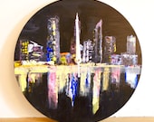 Night Cityscape Wall Clock, Non-ticking, Handpainted Clock, Unusual Wall Clock, Practical Art, Office clock, Perth Australia, wooden clock