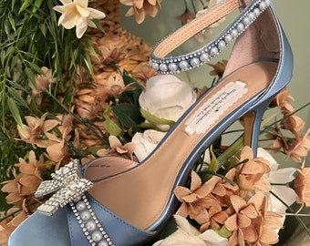 Simply Elegant Something Blue Rhinestone and Pearl Open Toe Bridal Heel