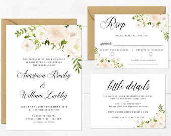 Printable Wedding Invitation, Floral Wedding Invite Set, White Flowers, Boho Wedding Invite, White Florals, Lily Wedding, Editable Invite