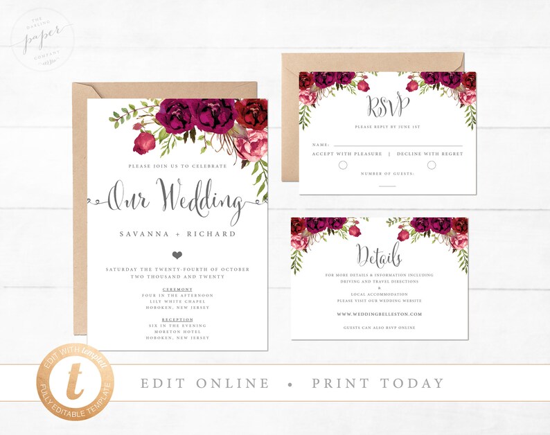 Floral Marriage Invitation, Sangria Marriage ceremony Invitation, Printable Wedding day, Editable Wedding ceremony Invitation, RSVP, Info, Honeymoon Desire image about Etsy Wedding Invitations Printable named Floral Wedding ceremony Invitation, Sangria Wedding ceremony Invitation, Printable Wedding day, Editable Marriage Invitation, RSVP, Information, Honeymoon Drive