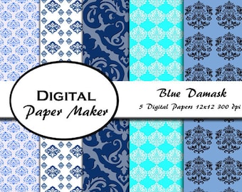Carta digitale damascata.  Disegni digitali Blue Damask ideali per la prenotazione di rottami, clipart, sfondi, inviti e altro ancora. Download istantaneo