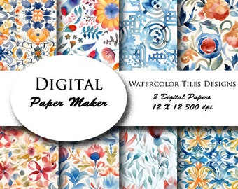 Watercolor tile designs. Seamless 300 dpi, 12 x 12 inch to use for scrapbooking, backgrounds, invitations, and more. Instant download.