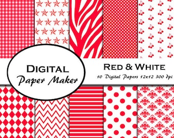 Red and White Digital Paper. Vibrant digital designs for scrapbooking, clipart, backgrounds, invitations, and more. Instant download