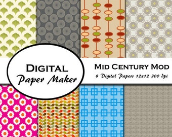 Metà del secolo moderna digitale carta disegni per scrapbooking, sfondi, inviti, seccando, confezioni regalo e altro ancora. Download immediato.
