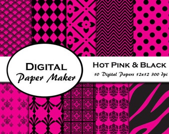 Hot Pink and Black Digital Paper. Vibrant digital designs for scrapbooking, clipart, backgrounds, invitations, and more. Instant download