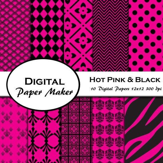 Hot Pink And Black Digital Paper. Vibrant Digital Designs For.