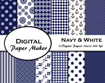 Navy und White Digital Paper Designs, die für Schrott Buchung, Cliparts, Hintergründe, Einladungen und mehr verwendet werden kann. Sofort-Download.