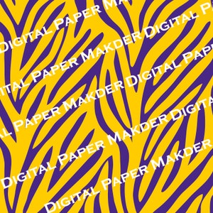 May include: A seamless pattern featuring a yellow background with purple zebra stripes. The text "DIGITAL PAPER MAKDER" is repeated throughout the pattern.