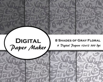 Otto tonalità di grigio carta disegni digitali per scrapbooking, sfondi gratis, inviti, lavorazione, confezione regalo e altro ancora. Download immediato.