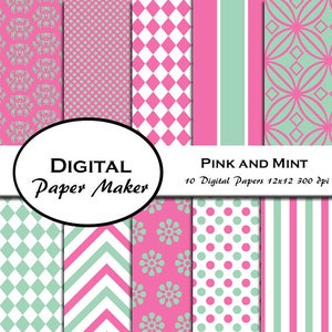 Pink and Mint Digital Paper. Vibrant digital designs for scrapbooking, clipart, backgrounds, invitations, and more. Instant download.