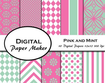 Carta digitale rosa e menta. Vivaci disegni digitali per scrapbooking, clipart, sfondi, inviti e altro. Download immediato.