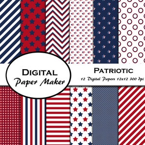 Patriottisch rood, wit en blauw digitaal papier goed voor scrapbooking, clipart, achtergronden, uitnodigingen. Directe download