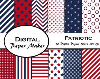 Patriotic Red, White and Blue Digital Paper good for scrapbooking, clipart, backgrounds, invitations. Instant download
