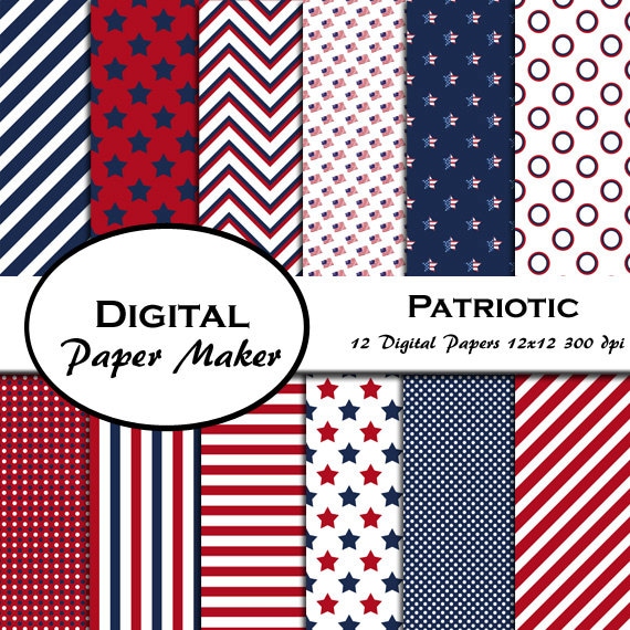 Patriotic Red, White and Blue Digital Paper good for scrapbooking, clipart, backgrounds, invitations. Instant download