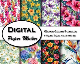 Disegni floreali color acquarello. Seamless 300 dpi, 12 x 12 pollici da utilizzare per scrapbooking, sfondi, inviti e altro ancora. Download istantaneo.