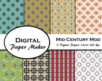 Metà del secolo moderna digitale carta disegni per scrapbooking, sfondi, inviti, seccando, confezioni regalo e altro ancora. Download immediato.
