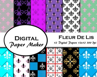 Fleur De Lis Digital Paper Designs for scrapbooking, backgrounds, invitations, crafting, small gift wrapping and more. Instant download.
