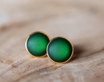 Golden stud earrings with dark green, matt gemstone ~ simple basic stud earrings