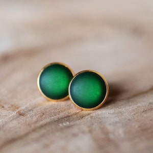 Golden stud earrings with dark green, matt gemstone simple basic stud earrings image 1