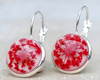 Earrings with real flowers ~ Queen Lace Anne ~ red flowers