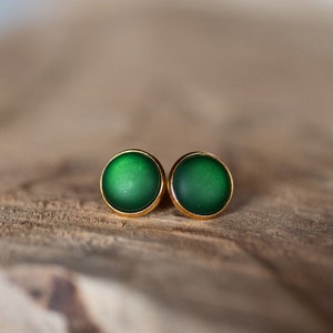 Golden stud earrings with dark green, matt gemstone simple basic stud earrings image 4