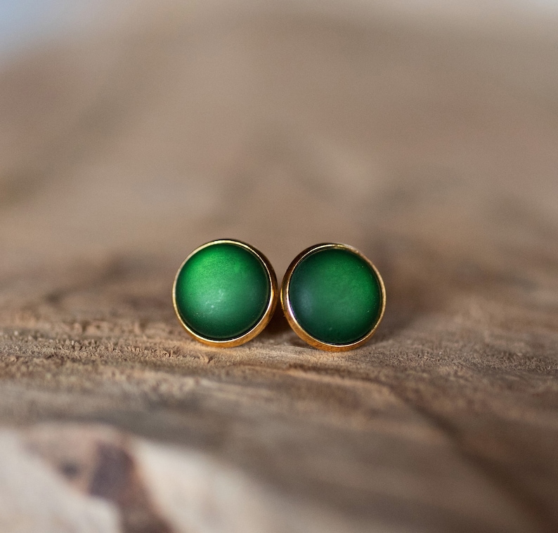 Golden stud earrings with dark green, matt gemstone simple basic stud earrings image 4