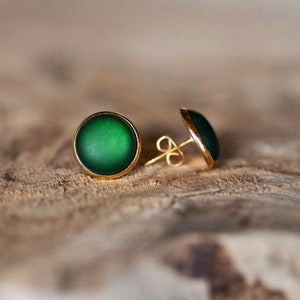 Golden stud earrings with dark green, matt gemstone simple basic stud earrings image 8