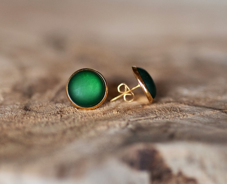 Golden stud earrings with dark green, matt gemstone simple basic stud earrings image 8