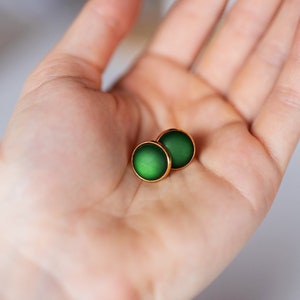 Golden stud earrings with dark green, matt gemstone simple basic stud earrings image 6