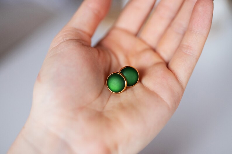 Golden stud earrings with dark green, matt gemstone simple basic stud earrings image 6