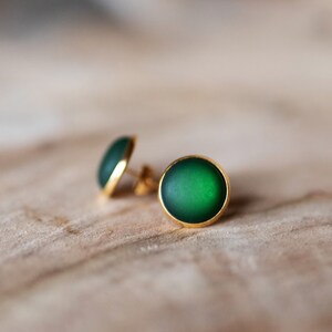 Golden stud earrings with dark green, matt gemstone simple basic stud earrings image 2