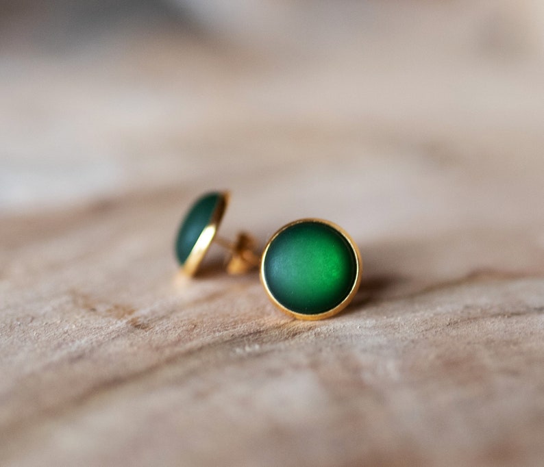 Golden stud earrings with dark green, matt gemstone simple basic stud earrings image 2