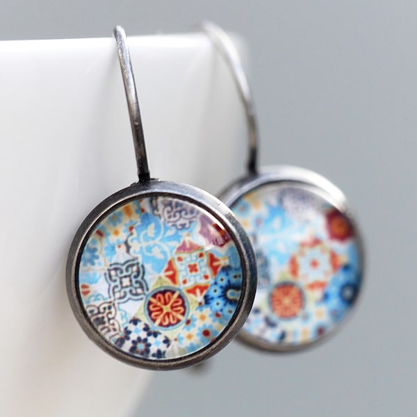 Boucles d'oreilles en azulejos en argent antique