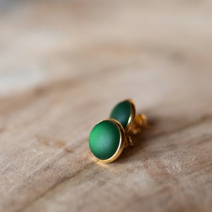 Golden stud earrings with dark green, matt gemstone simple basic stud earrings image 5