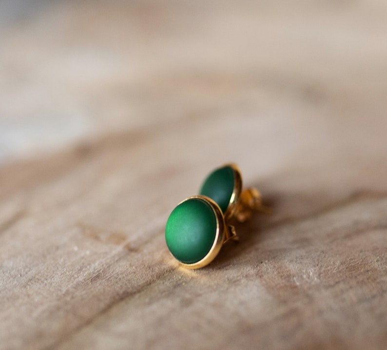 Golden stud earrings with dark green, matt gemstone simple basic stud earrings image 5