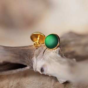 Golden stud earrings with dark green, matt gemstone simple basic stud earrings image 3