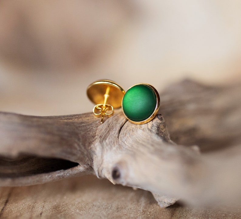 Golden stud earrings with dark green, matt gemstone simple basic stud earrings image 3