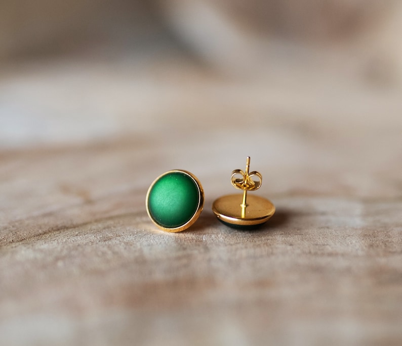 Golden stud earrings with dark green, matt gemstone simple basic stud earrings image 7