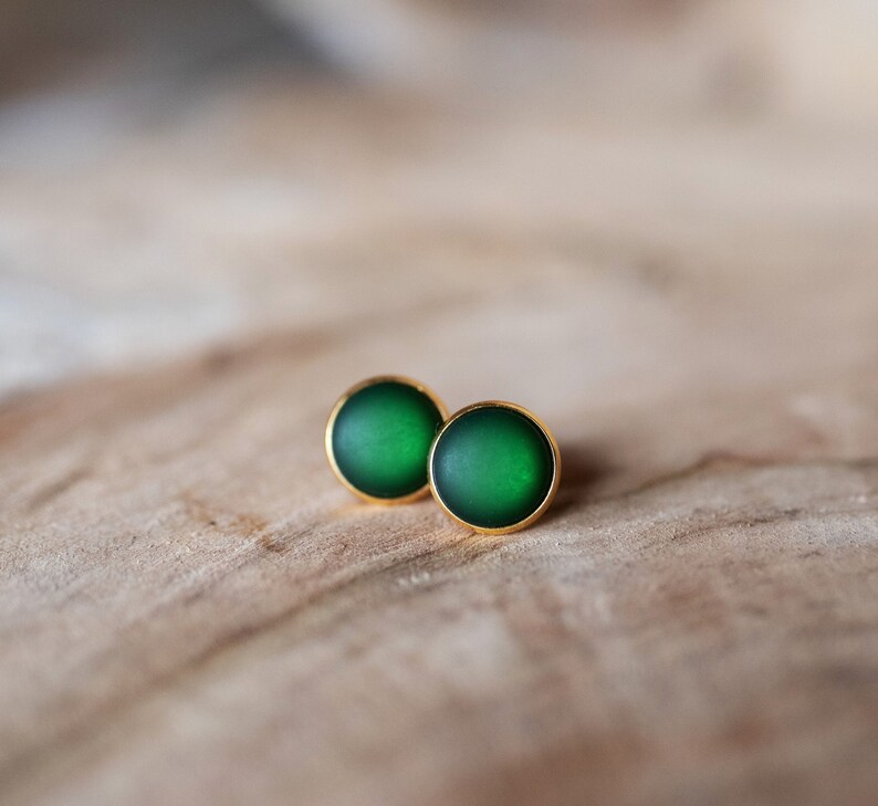 Golden stud earrings with dark green, matt gemstone simple basic stud earrings image 1