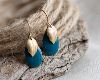 Enamel earrings ~ delicate gold with petrol enamel plates ~ brass earrings