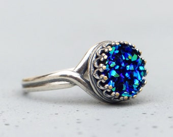 Crown ring with deep blue faux Druzy