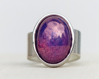 Sterling Silver Ring with Oval Luster Glassstone ~ Amethyst ~ Statment Ring