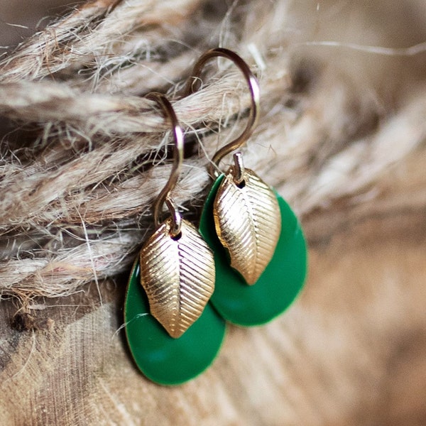 Enamel earrings - delicate gold with green enamel plates - brass earrings