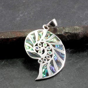 Op de afbeelding: Zilveren hanger in de vorm van een nautilusschelp. Het schelpontwerp heeft iriserende abalonschelp in groen, blauw en paars. De hanger heeft een lus voor een ketting.