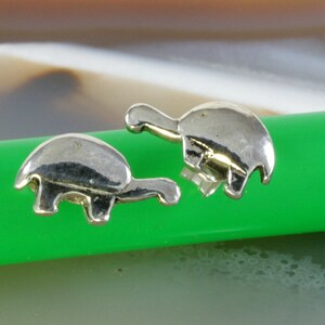 Könnte beinhalten: Ein Paar silberfarbene Ohrstecker in Schildkrötenform. Die Ohrringe haben einen abgerundeten Körper und einen langen Hals. Die Ohrringe befinden sich auf einer hellgrünen Oberfläche. Ein niedliches und skurriles Accessoire.