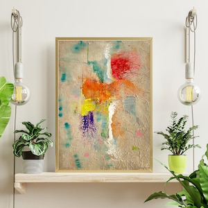 Puede incluir: Pintura abstracta en un marco dorado con un fondo texturizado y pinceladas coloridas en tonos de rojo, naranja, amarillo, verde, azul, morado y blanco. La pintura está firmada "Cherry 21".