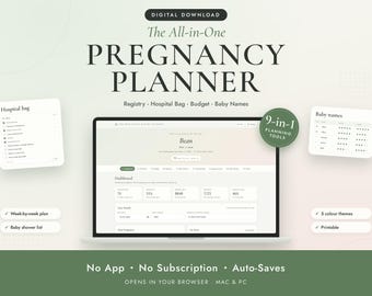 May include: A digital pregnancy planner displayed on a laptop screen, featuring a dashboard with tracking tools. Text includes "The All-in-One PREGNANCY PLANNER," "Registry - Hospital Bag - Budget - Baby Names," "9-in-1 PLANNING TOOLS," and "No App - No Subscription - Auto-Saves."
