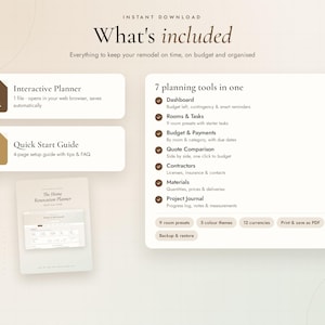 May include: A digital home renovation planner set featuring an interactive HTML planner, a PDF quick start guide, and a list of seven planning tools including a dashboard, rooms and tasks, budget and payments, quote comparison, contractors, materials, and a project journal.